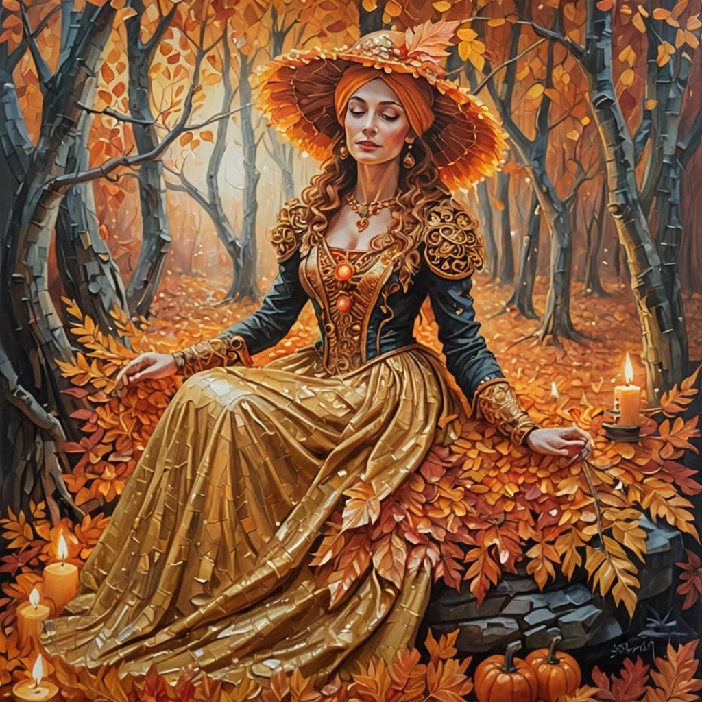 Costumed Woman in Autumn Leaves: An Oil Painting