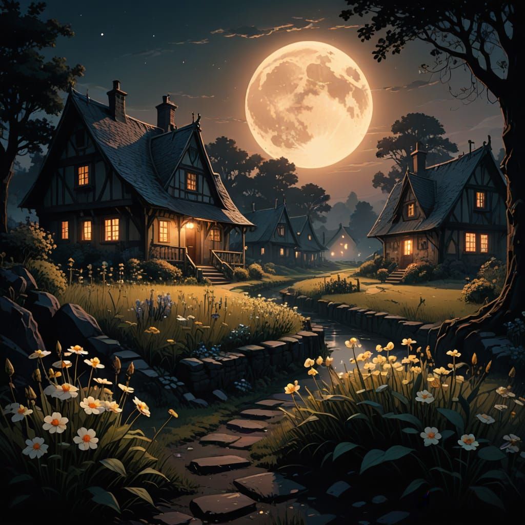 Moonlit Countryside Village in Mignola-Esque Gothic Style