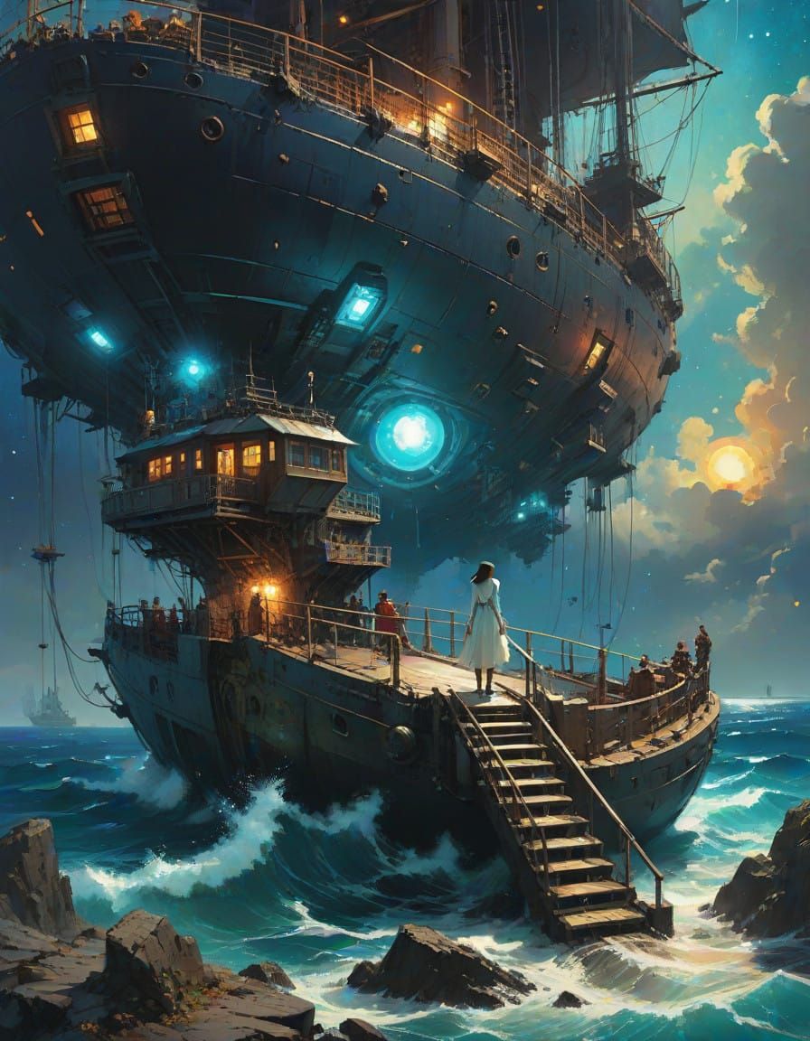 Surreal Cyberpunk Landscape at Night with Pirate Ship