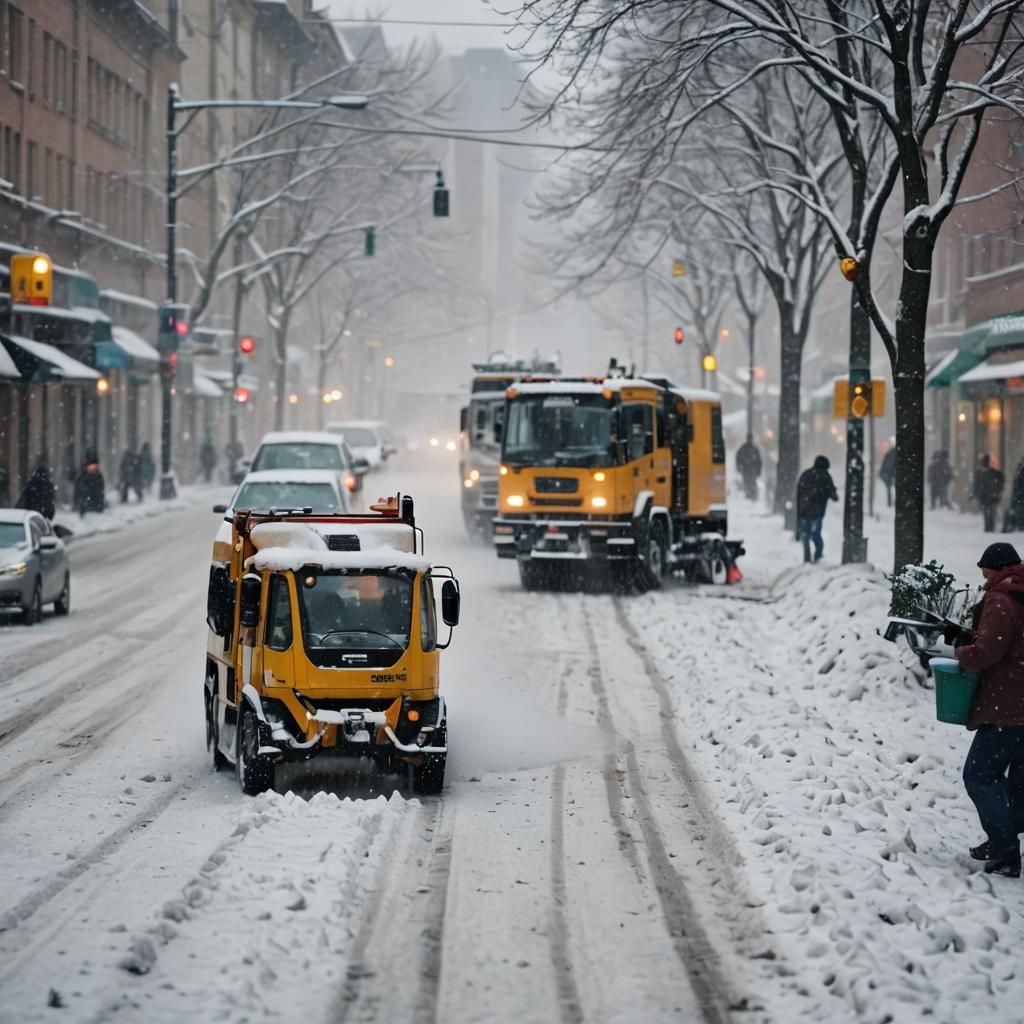 Surreal Snowfall: Cleaning Machines in Winter Cityscape