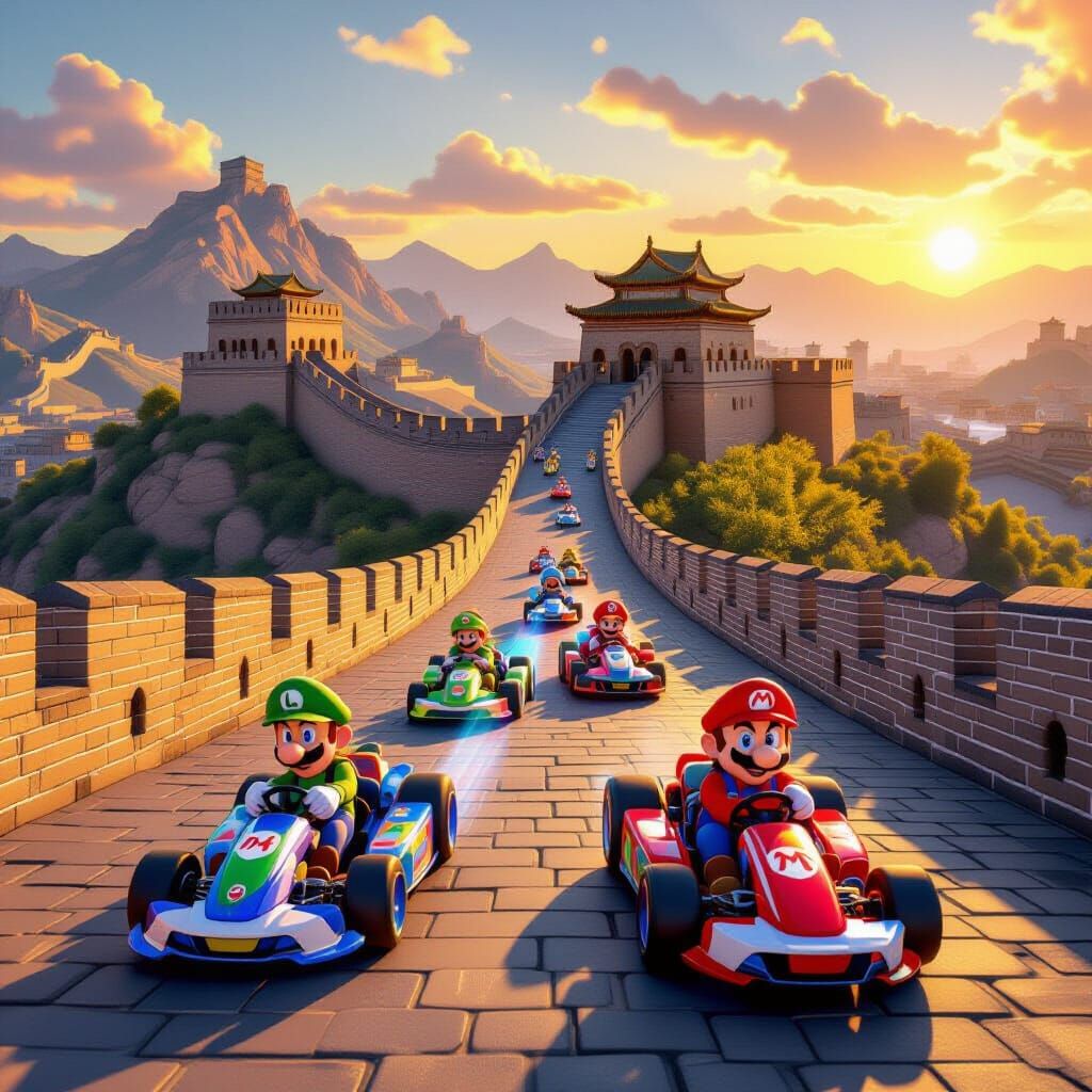 Mario Kart Race on Great Wall at Golden Hour