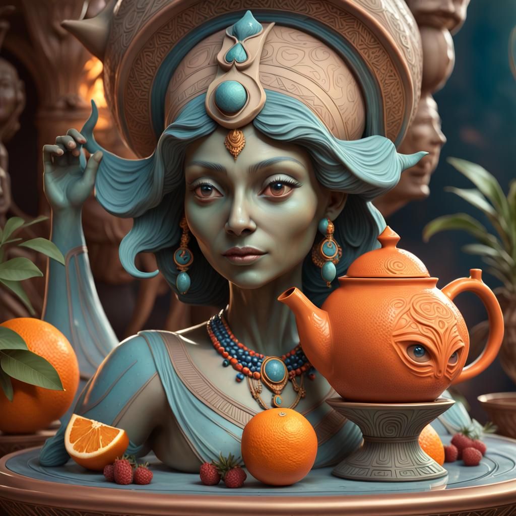 Whimsical Alien Teapot with Egyptian Sculpture