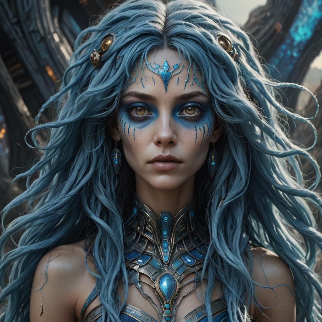 Hyperrealistic Portrait of a Blue-Skinned Alien Goddess