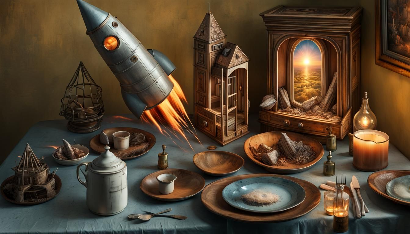 Surreal Rockets Ascend in Magical Landscape, Photorealistic