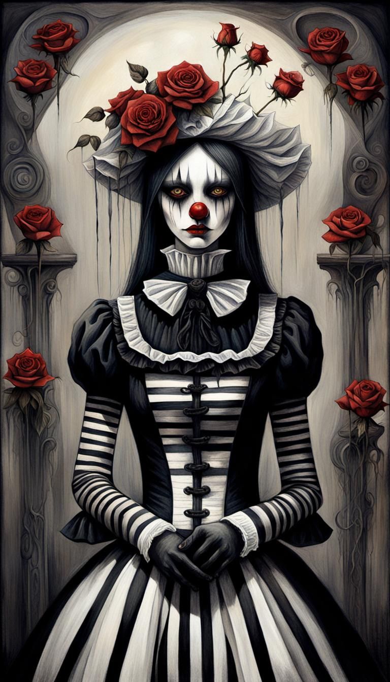 Gothic Clown Woman with Roses, Surrealist Art