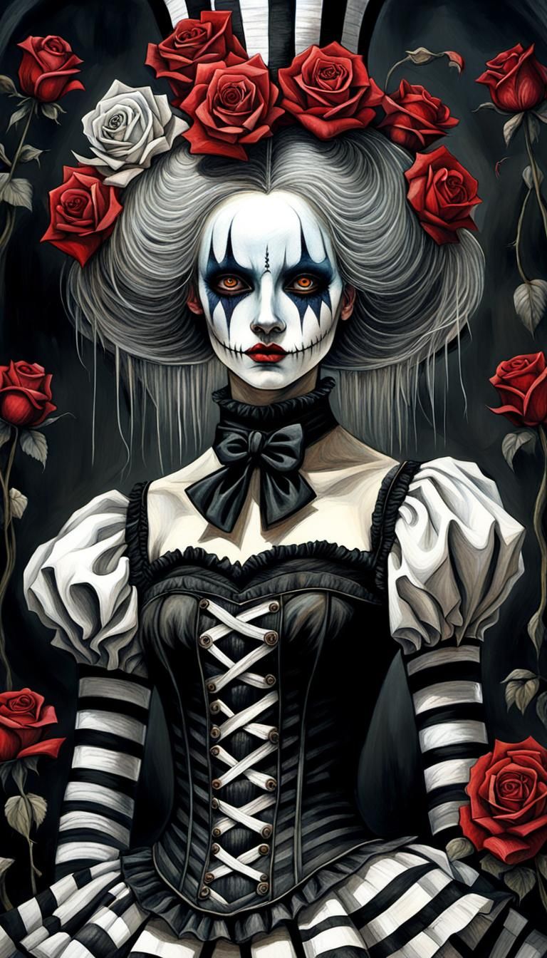 Gothic Clown Woman with Roses in Surreal Style