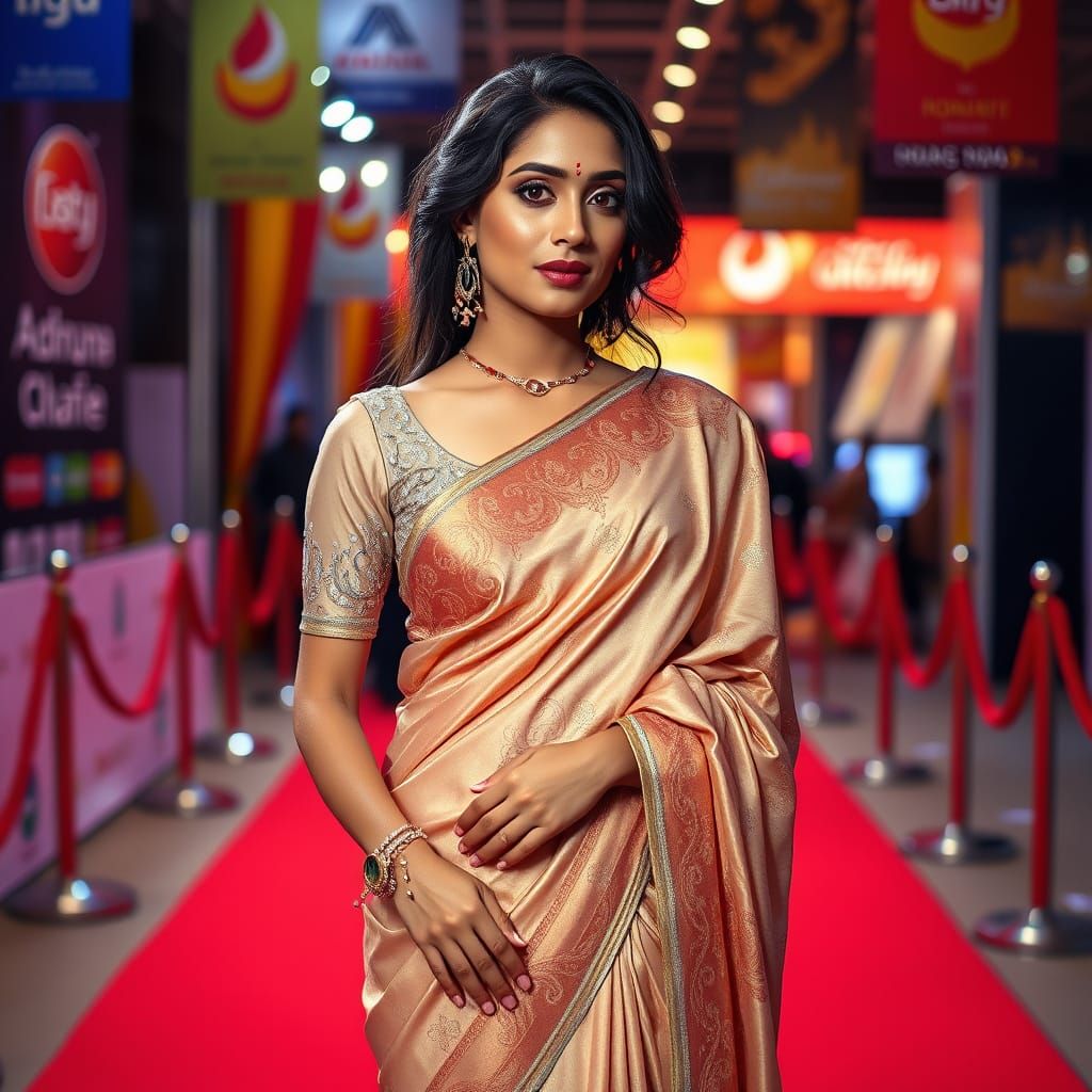 Woman in Saree on Red Carpet, Art Nouveau Style