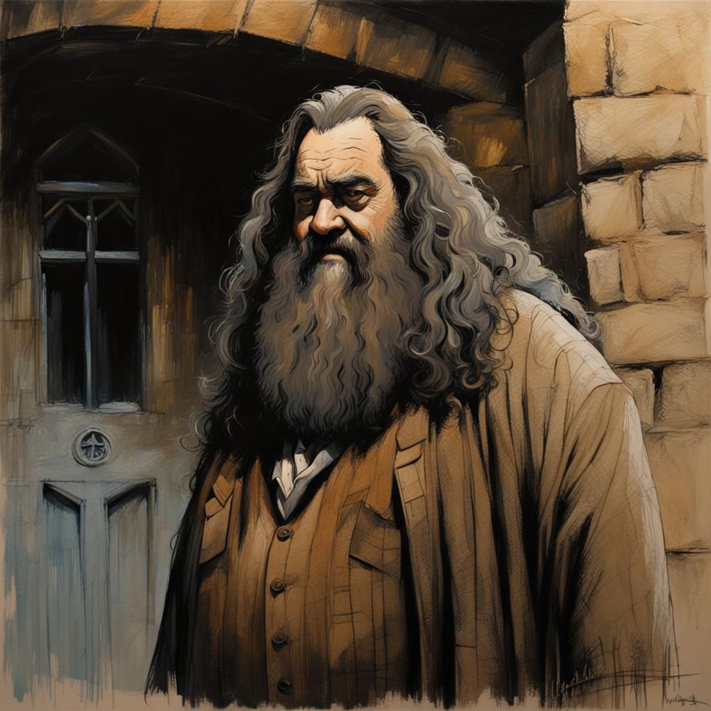 Hagrid in Hogsmeade: Sgraffito Gouache Fantasy Art