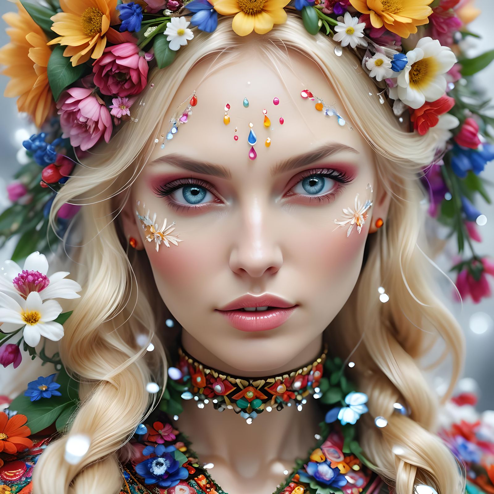 Hyperrealistic Portrait: Russian Beauty in Slavic Floral Att...