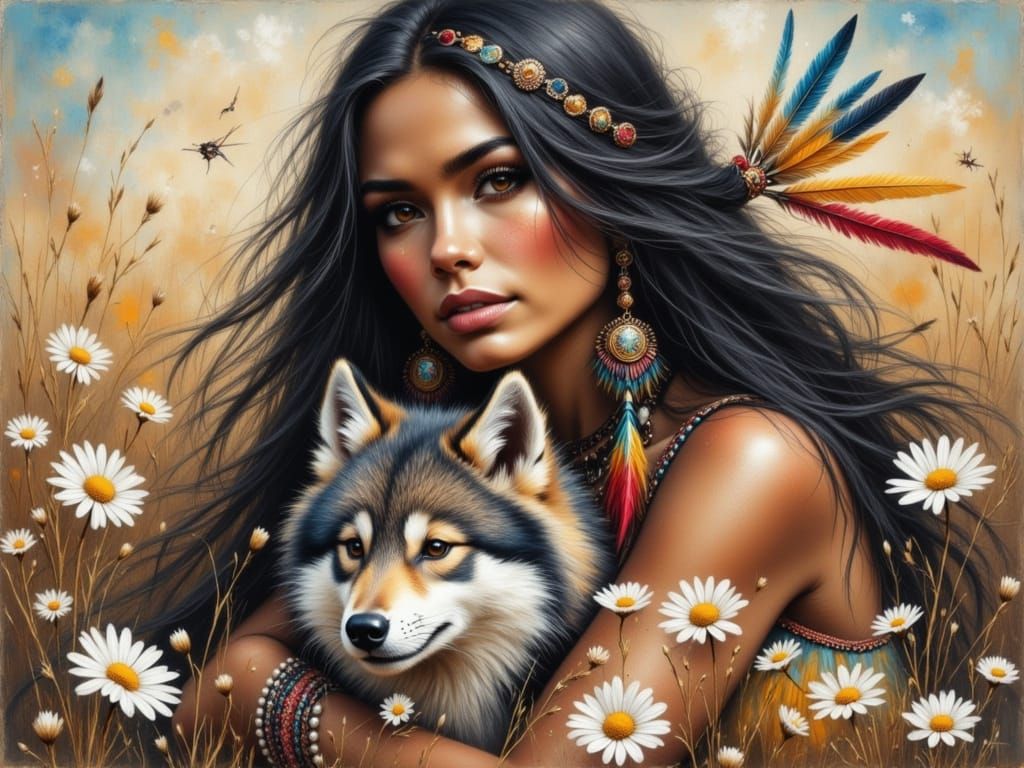 Native American Woman Holding Wolf Cub in Chalk Art