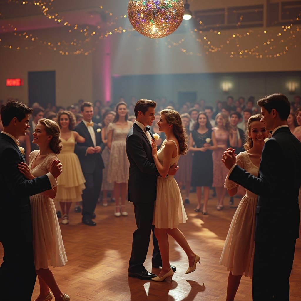 1950s Graduation Dance in Nostalgic Auditorium Setting