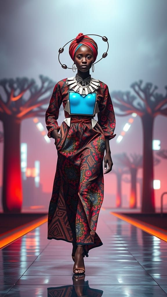Confident Black Model Walks Liquid-Metal Catwalk in Neo-Futu...
