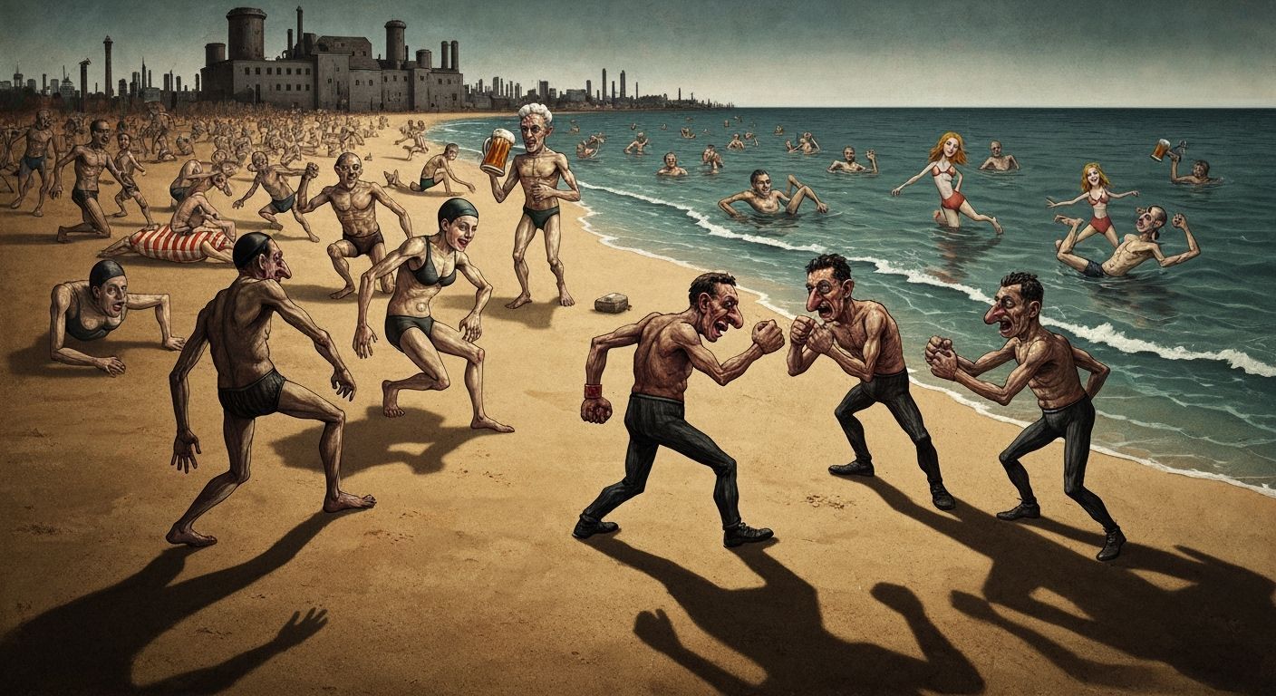 German Expressionist Dada Satire of Chaotic Beach Scene