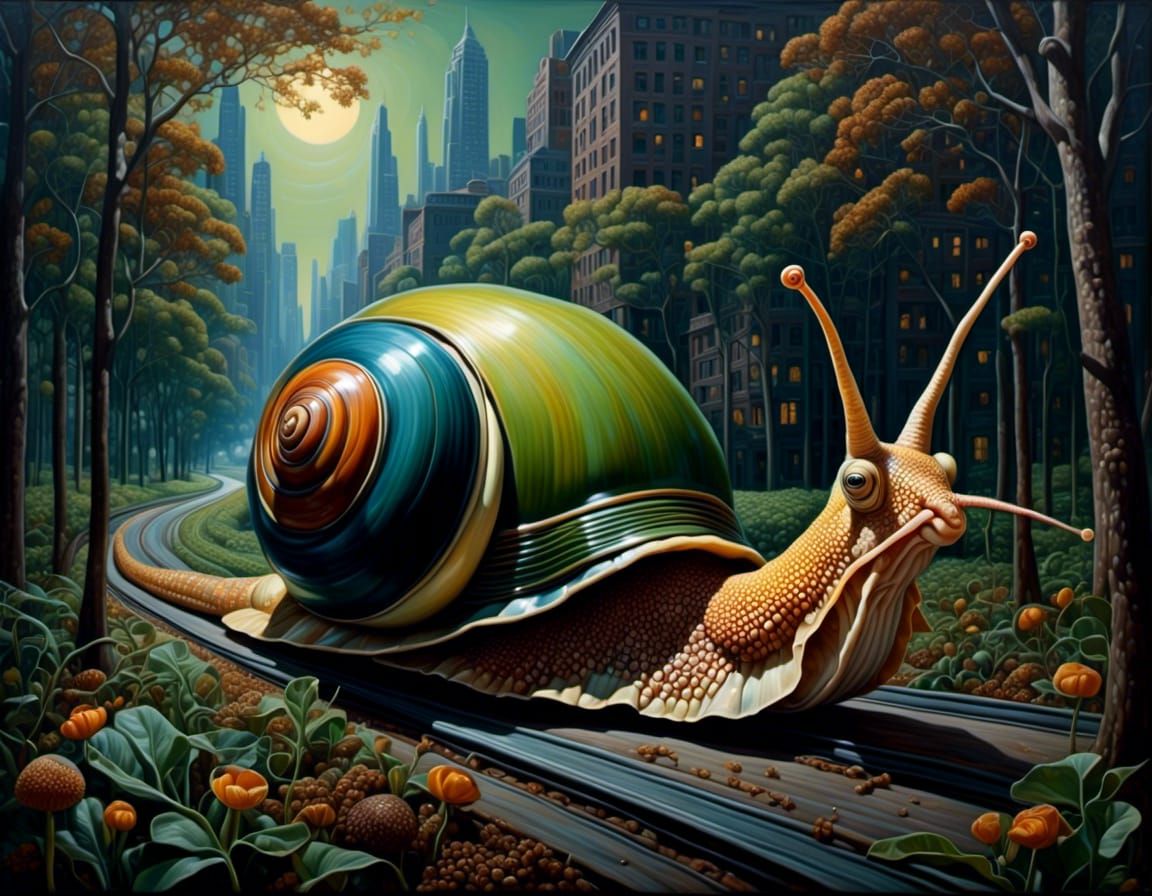 Surreal Snail with Windowed Shell in Tree City