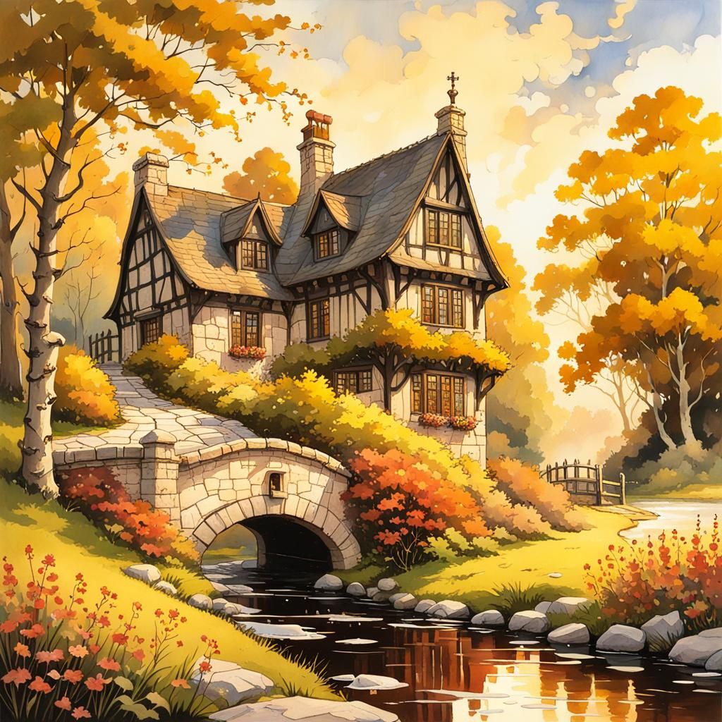 Gothic Tavern in Autumnal Sunset, Watercolor Painting