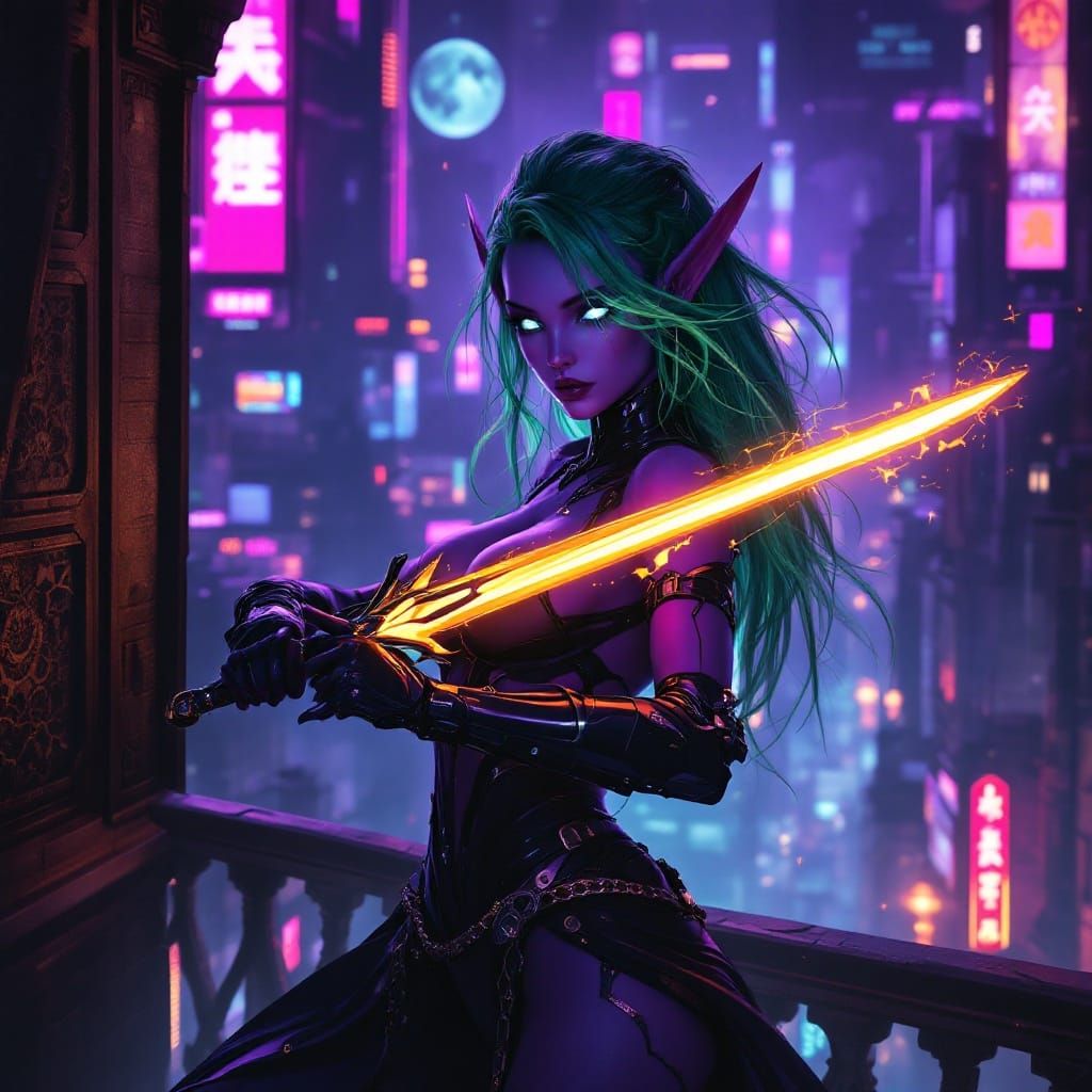 Cyberpunk Night Elf Warrior in Dark Fantasy Metropolis