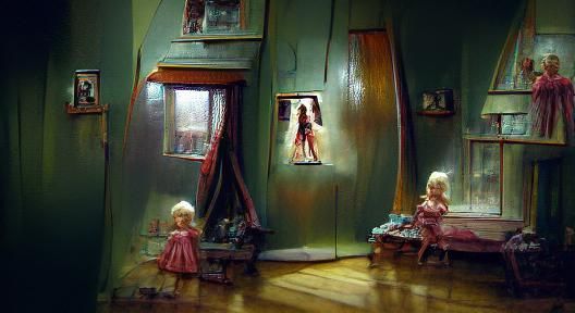 Creepy Dollhouse Horror in Oil Painting Style