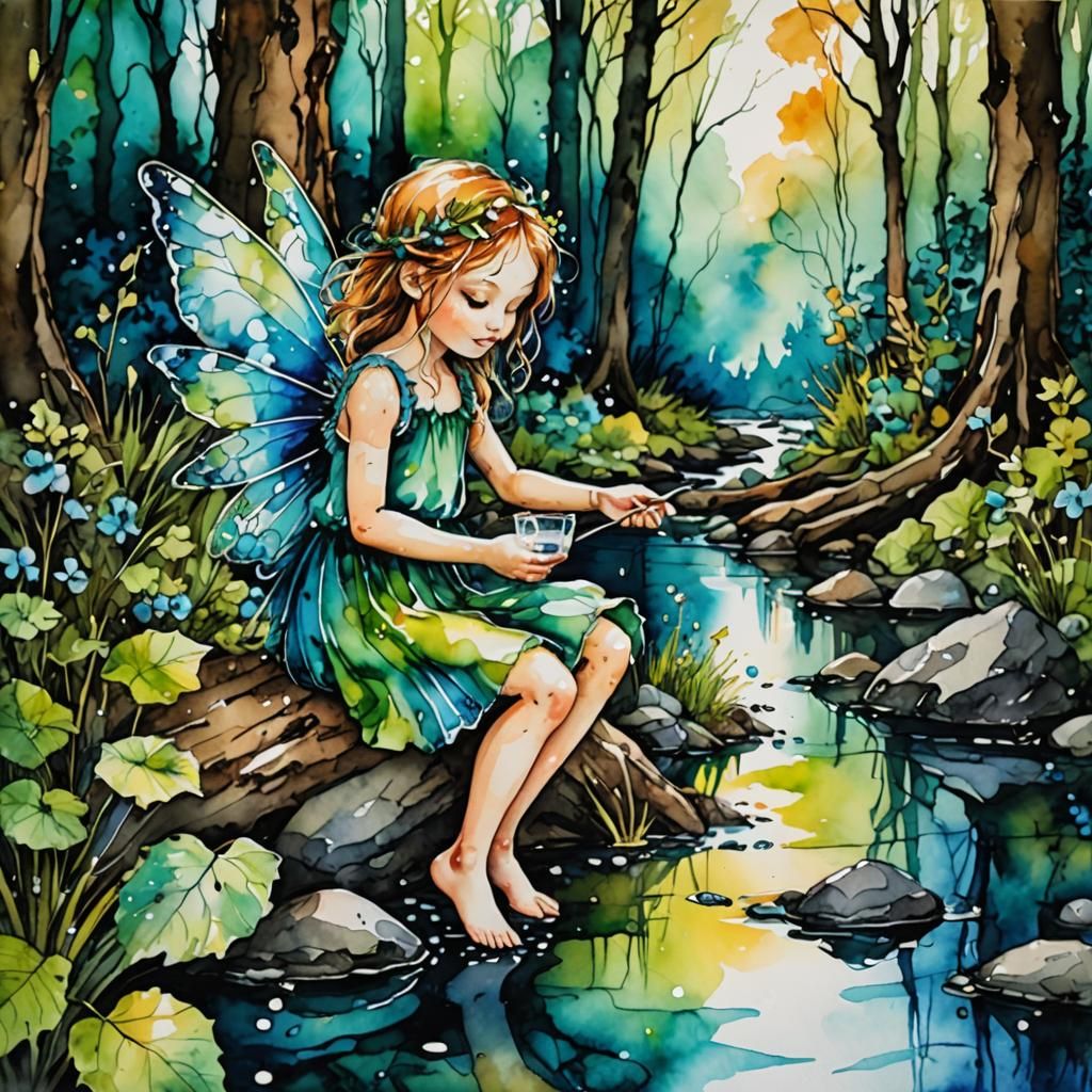 Watercolor Fairy Playing with Wisps in Forest