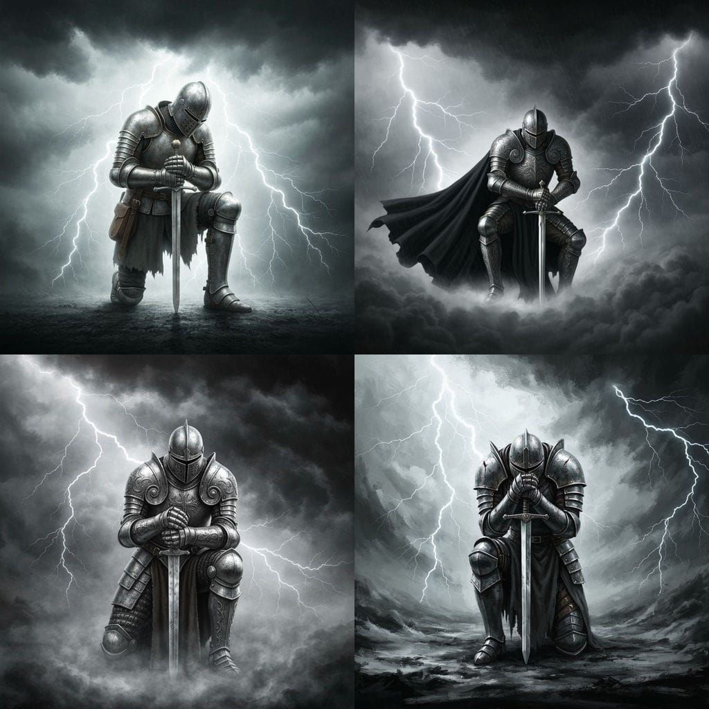 Knight Kneeling in Storm of Lightning