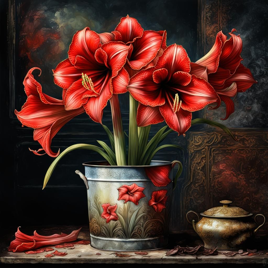 Amaryllis Flower in Oil and Ink, Vivid Colors