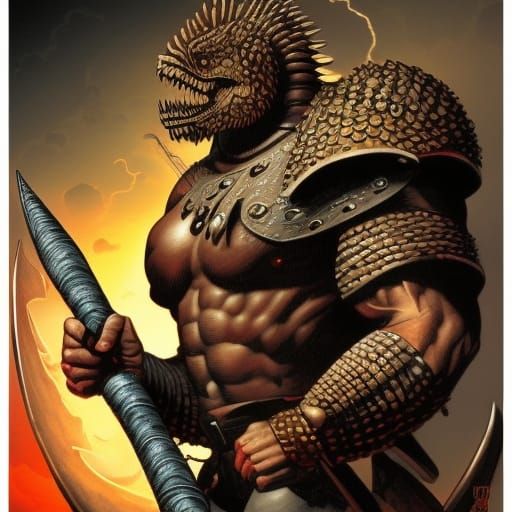 Dinosaur-Headed Barbarian Warrior in Futuristic Armor