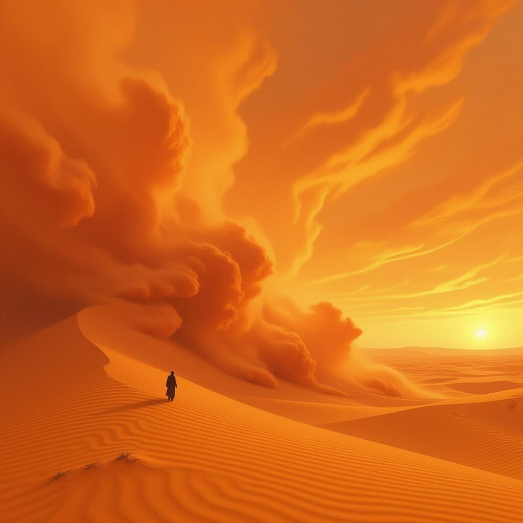 Desert Sandstorm Sweeping Across Dunes in Surreal Style