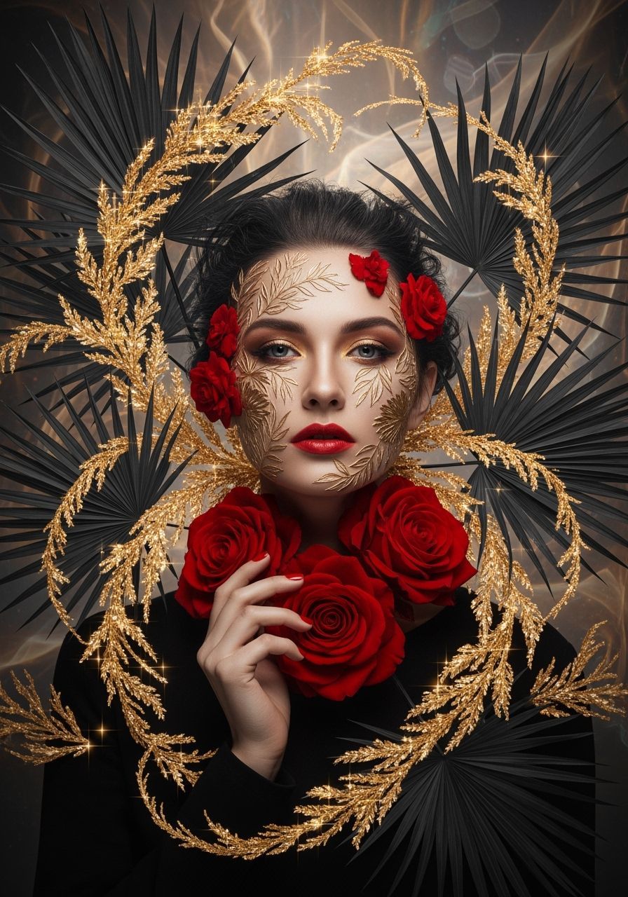 Woman with Red Roses and Gilded Foliage
