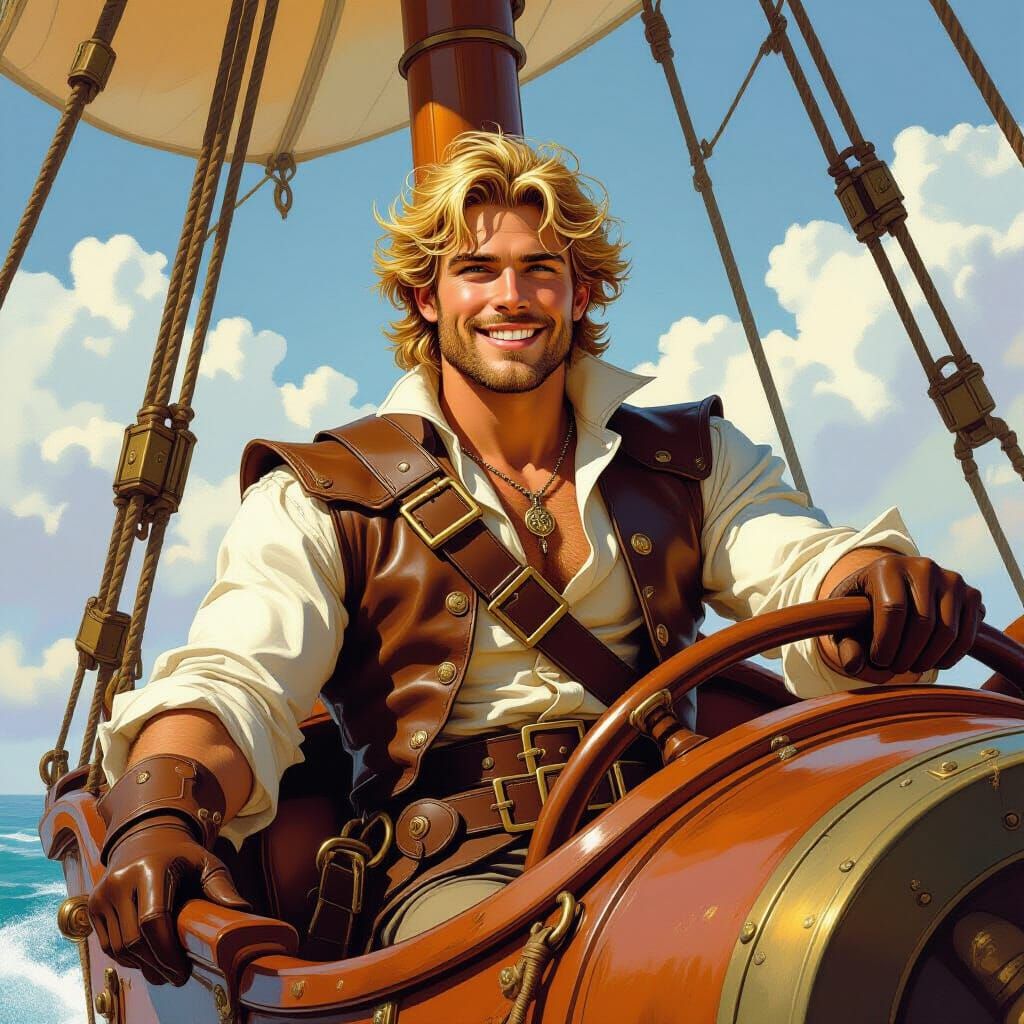 Prince Elyr Piloting Skyship in Fantasy Art Style