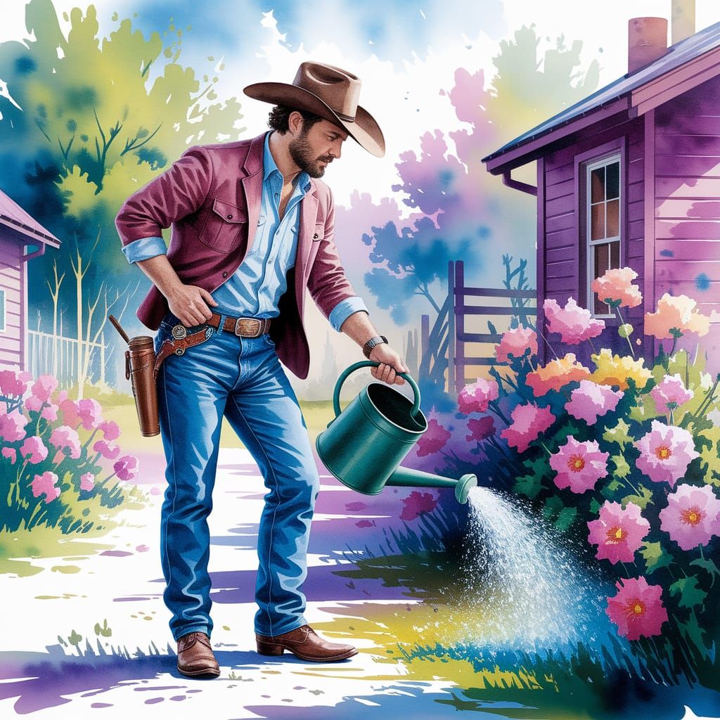 Cowboy Watering Flowers in Vibrant Impressionist Watercolor