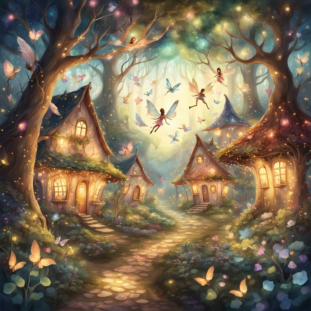 Whimsical Fairy Village in Vibrant Watercolor Style