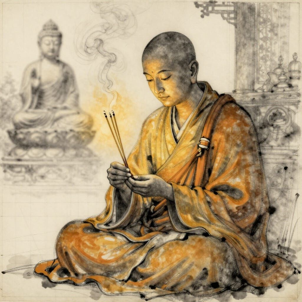 Meditative Monk Lighting Incense Sketch