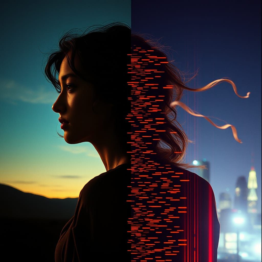 Analog Digital Hybrid Landscape Under Starry Night Sky