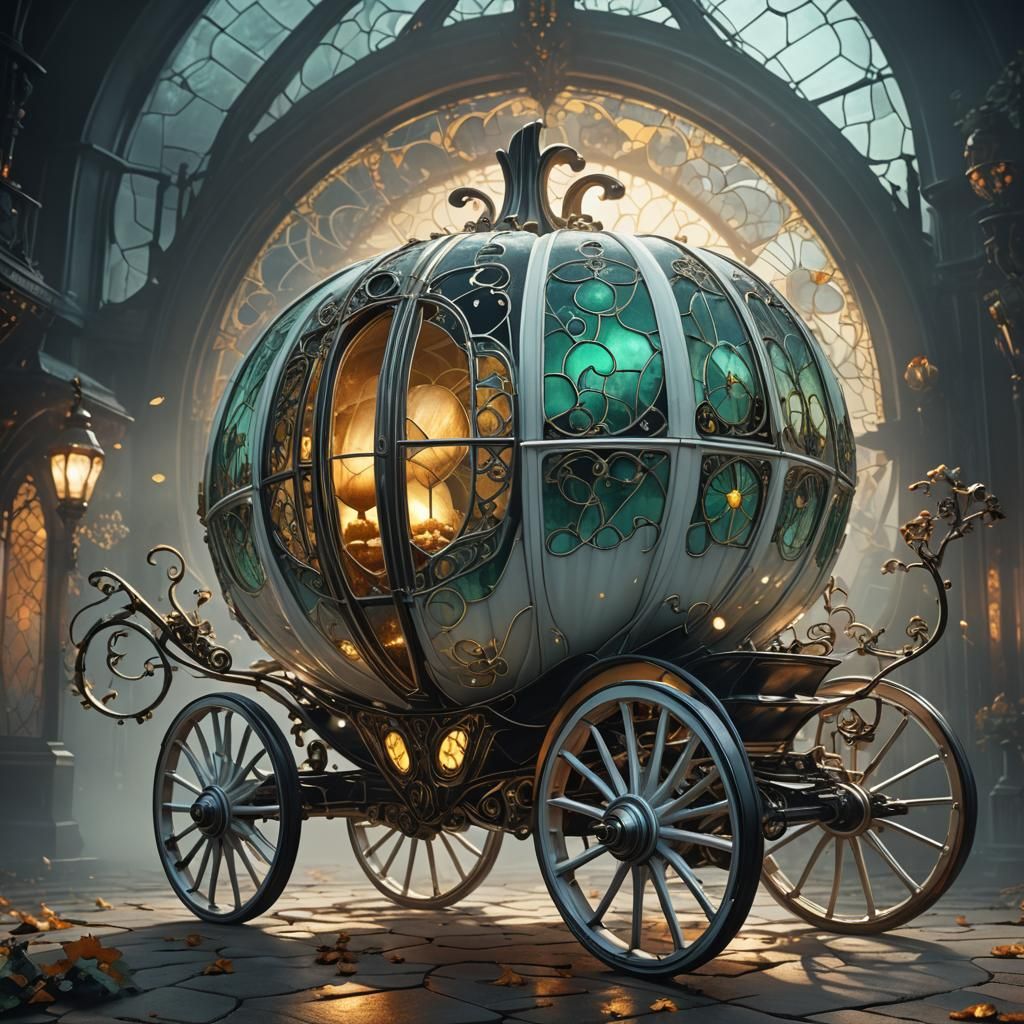 Futuristic Pumpkin Carriage in a Misty Sci-Fi Scene