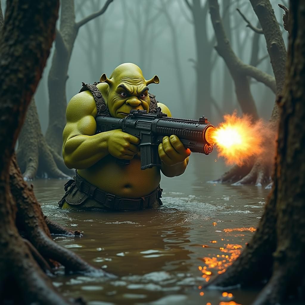 Shrek Shoots Guns in Murky Swamp, Baroque Style