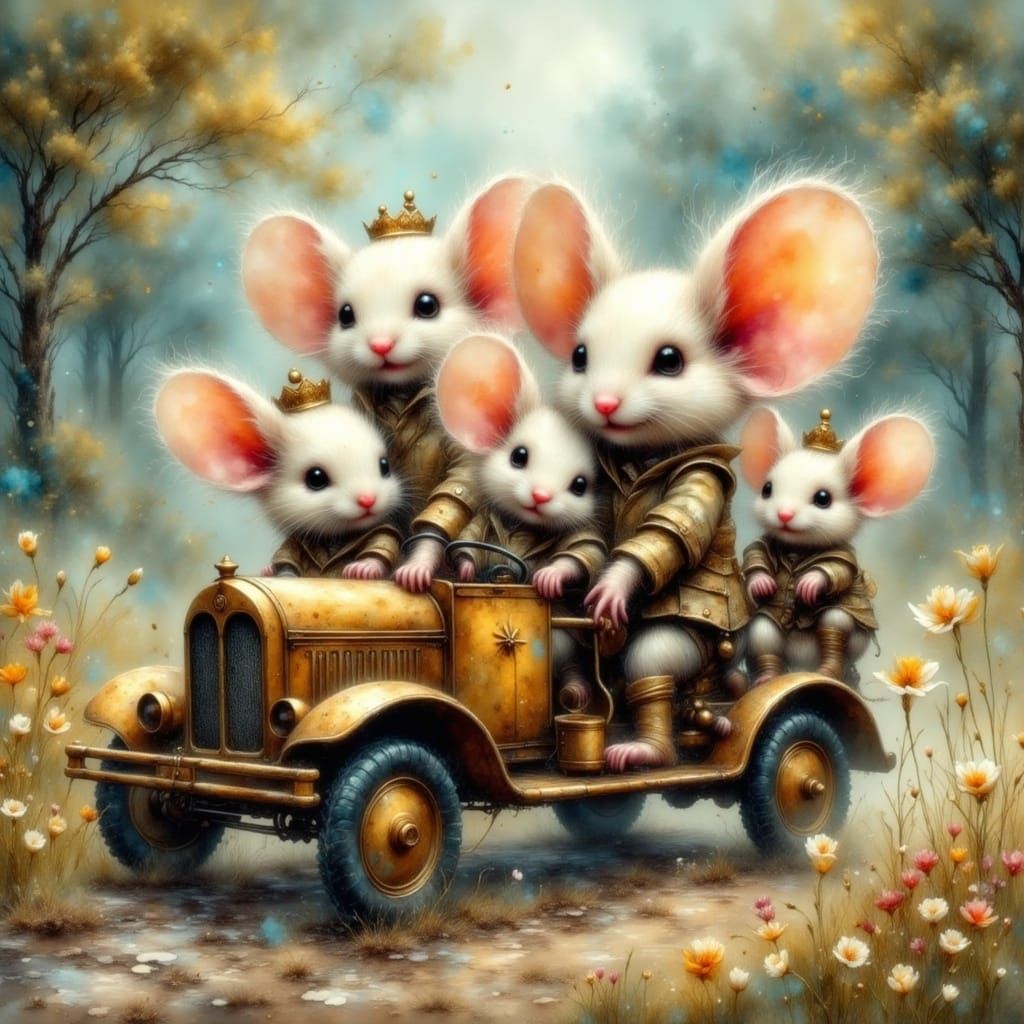 Steampunk Mice Family Cruises Country Road in Vintage Truck