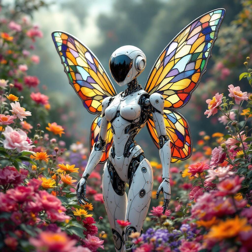 Robot with Stained Glass Wings in Flower Garden