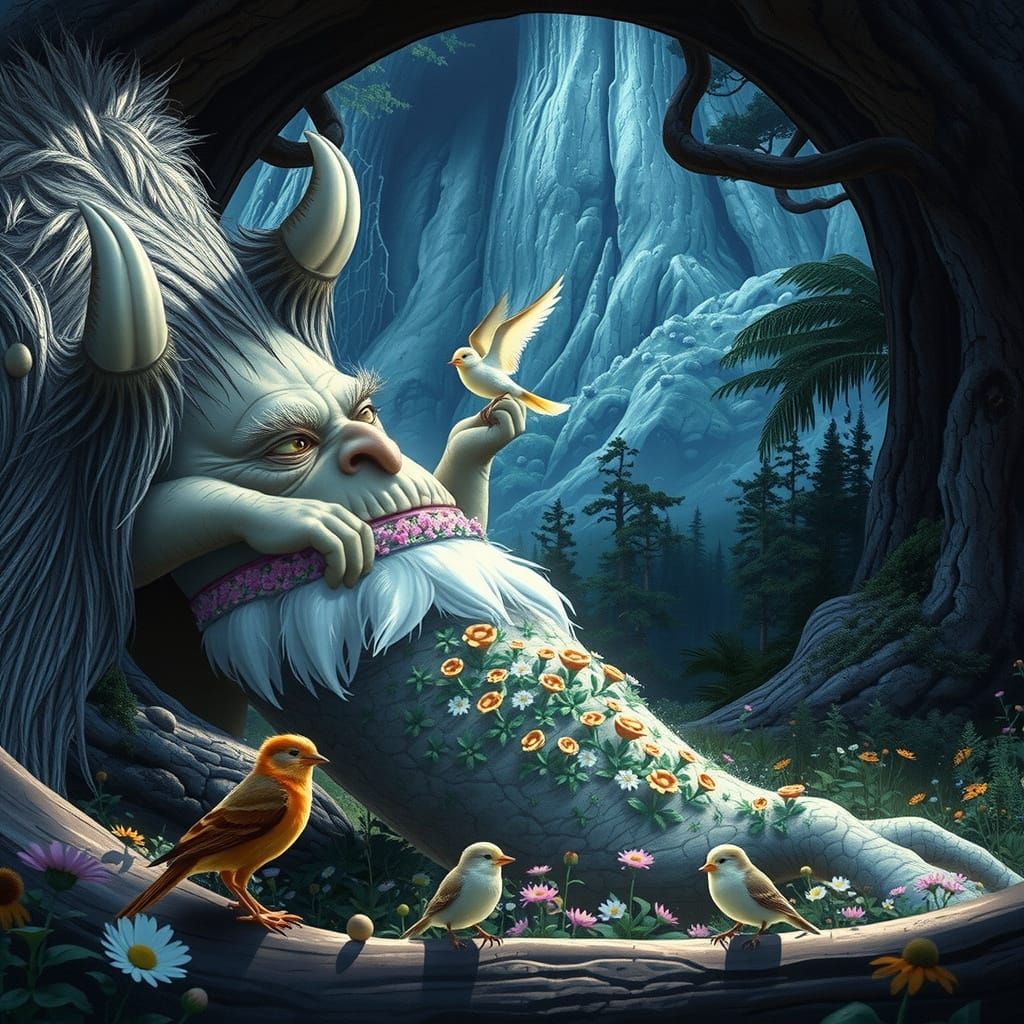 Giant Troll Feeding Birds in Sunny Clearing