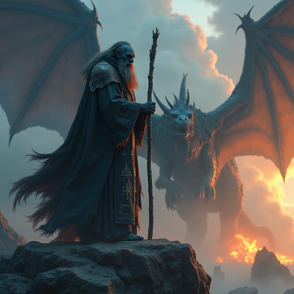 Orc Wizard and Dragon in Epic Fantasy Art