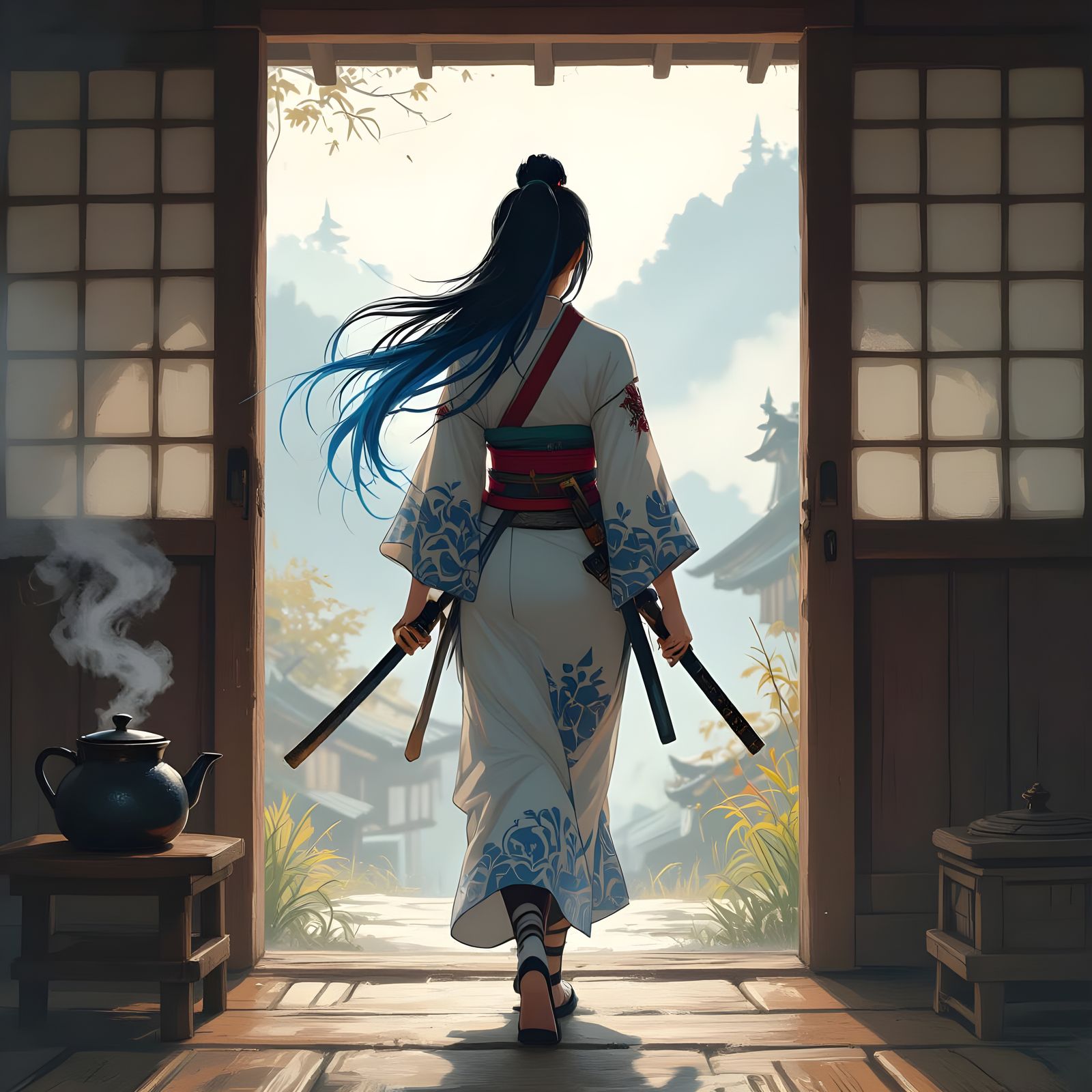 Kunoichi in Antique Cabin with Flowing Hair