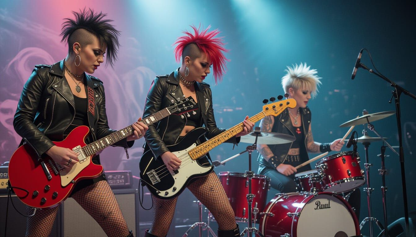 Punk Rock Women Perform on Stage in Photorealistic Style