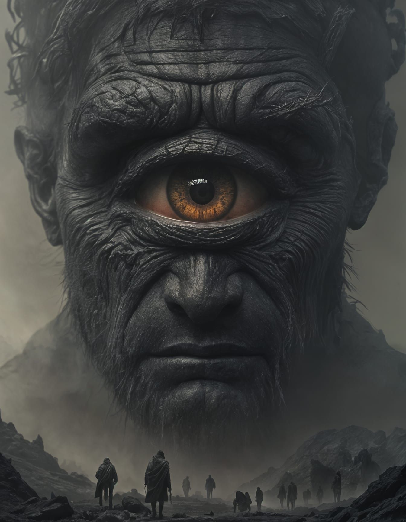 Metallic Giant with Glowing Eyes in Dark Fantasy Art