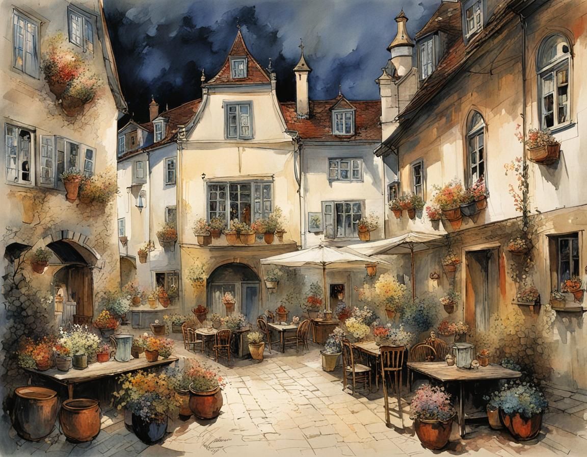 German Courtyard Scene in Detailed Style