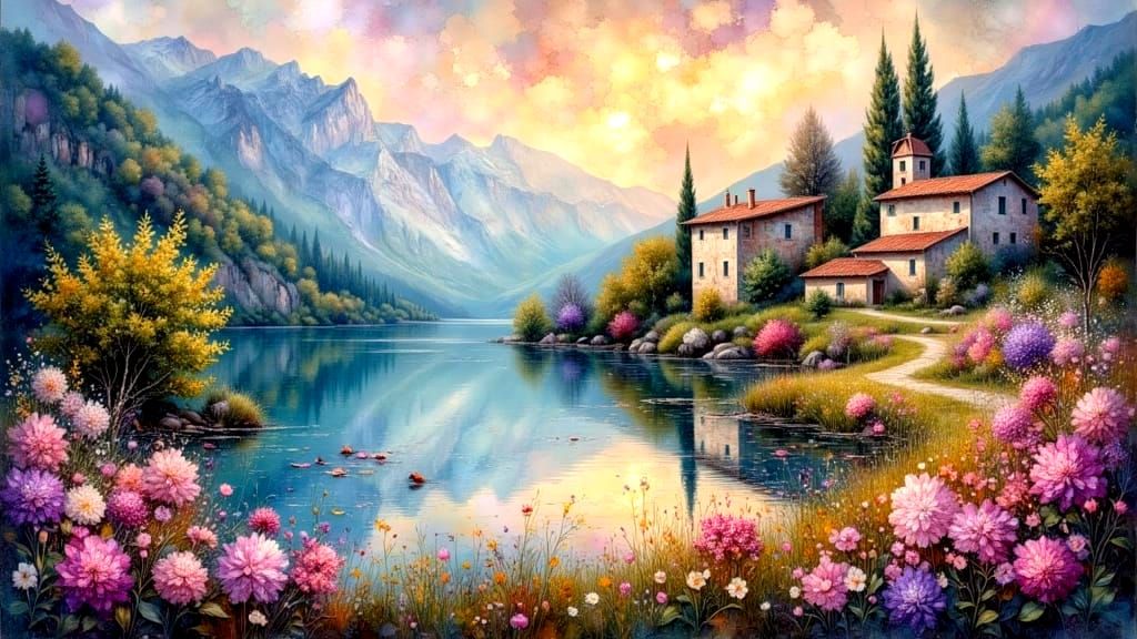 Stunning Italian Village Landscape with Crepuscular Sunrays