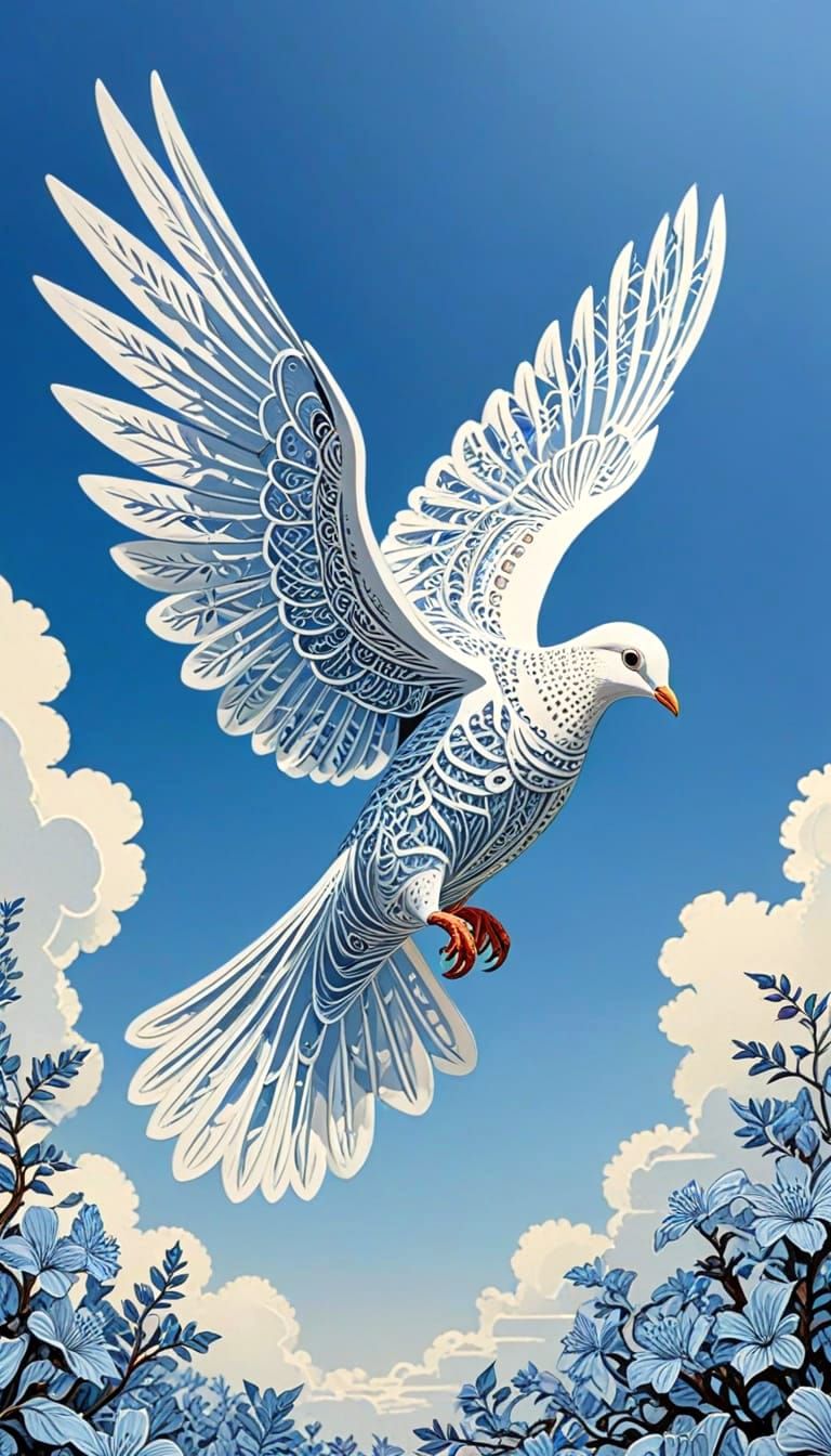 Art Nouveau Kirigami Dove Soaring in Blue Sky