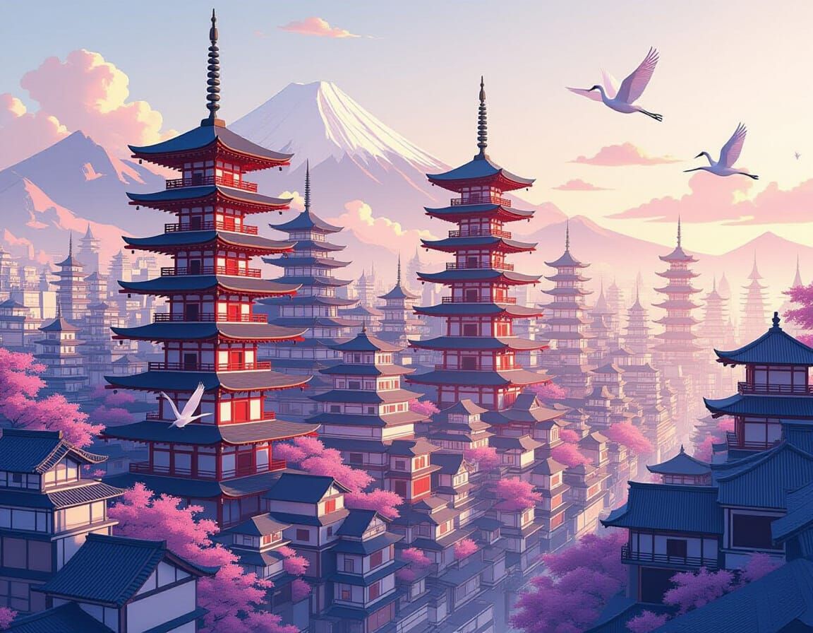 Fantastical Origami Cityscape at Twilight