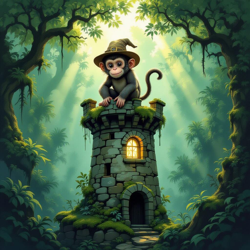 Monkey Explorer on Enchanted Lighthouse in Fantasy Forest