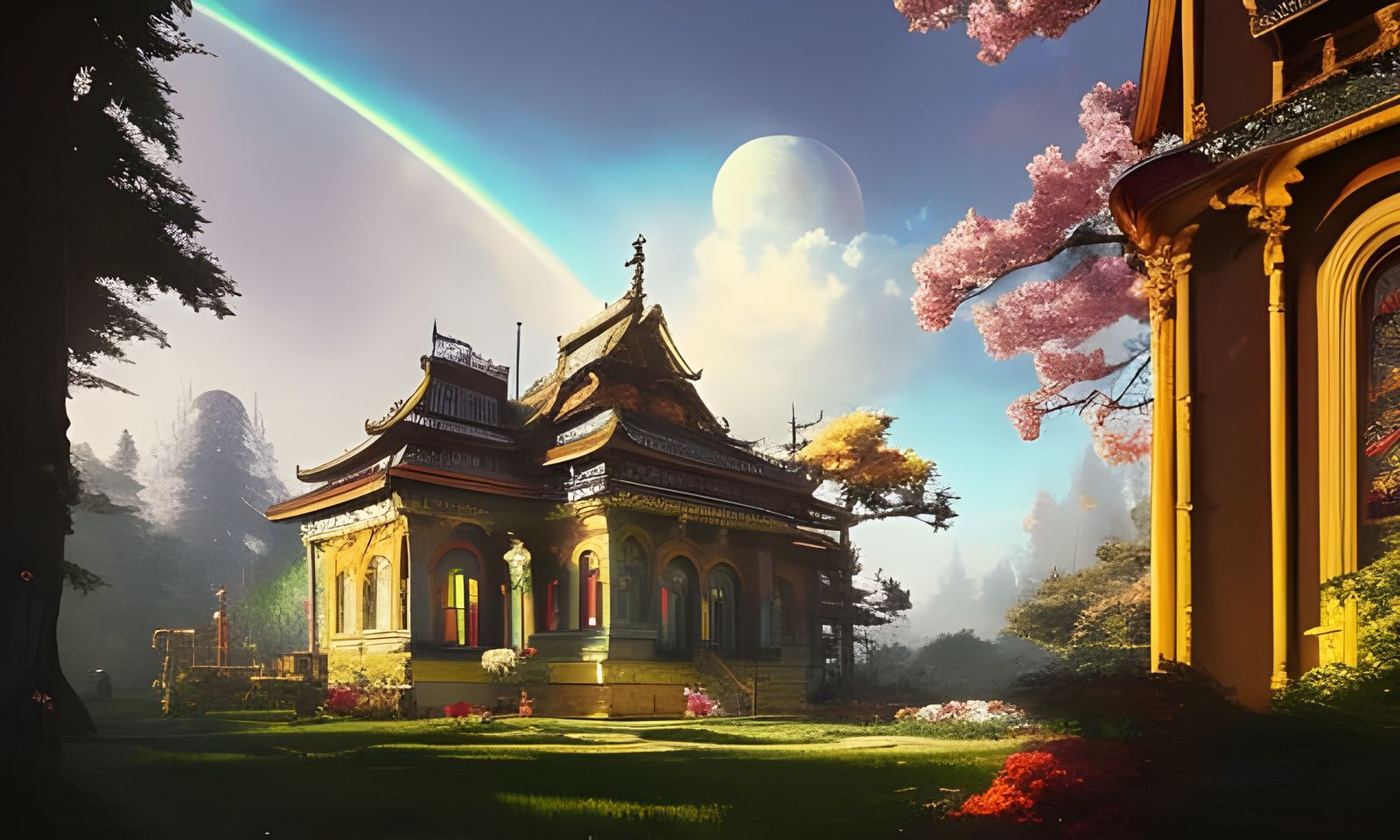 Baroque Mountain Palace with Blossoming Flowers