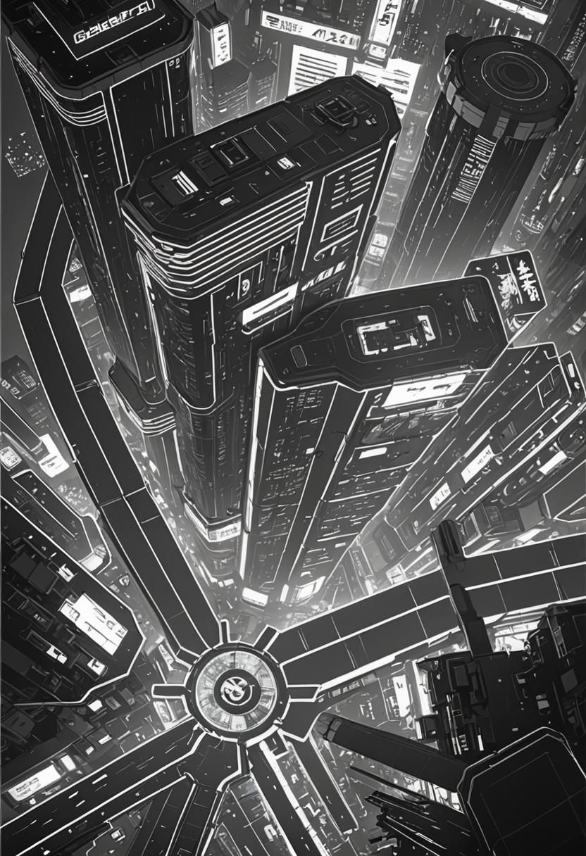 Neon Cyberpunk City in Black and White Manga Style