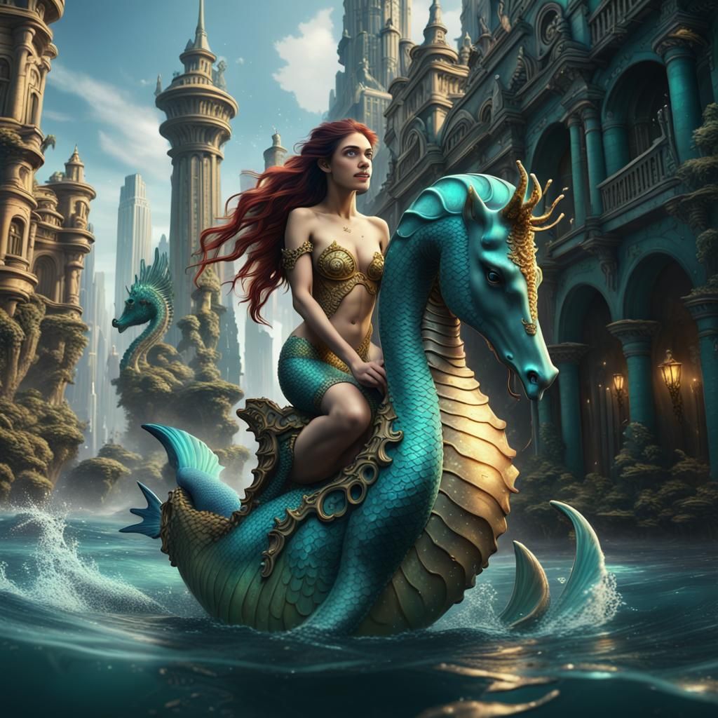 Mermaid Rides Seahorse in Atlantis: Fantasy Concept Art