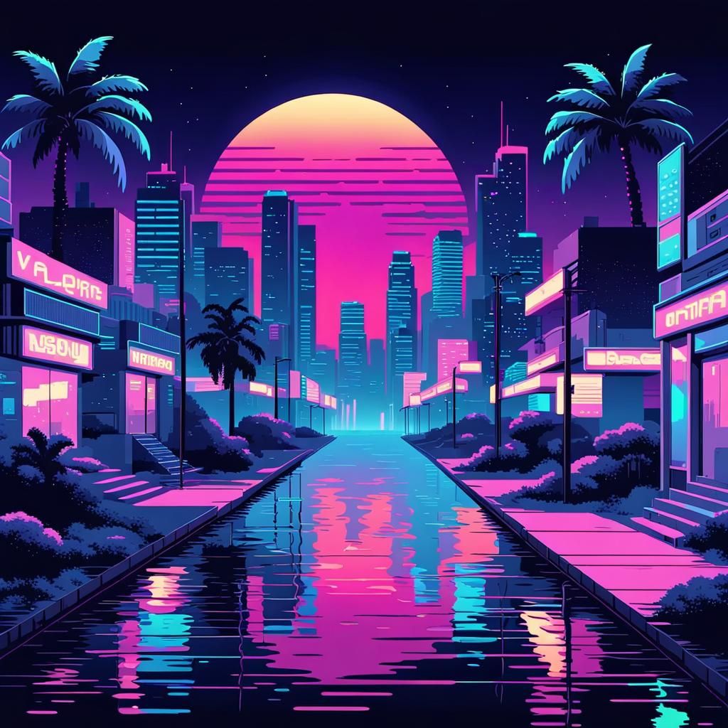 Vaporwave Cityscape at Night: Retro Digital Neon